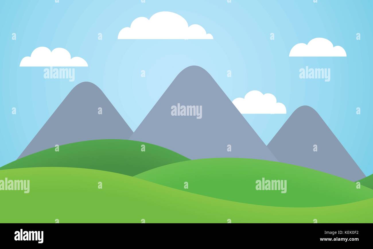 Cartoon bunte Vektor flachbild Abbildung: Berglandschaft mit Wiese unter blauem Himmel mit Wolken Stock Vektor