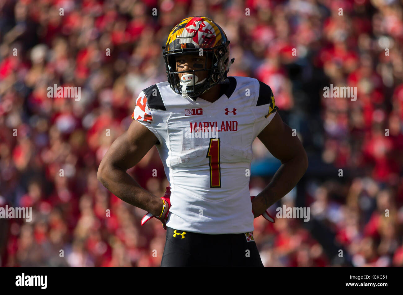 Madison, WI, USA. 21 Okt, 2017. Maryland Dosenschildkröten wide receiver D.J. Moore#1 während der NCAA Football Spiel zwischen dem Maryland Dosenschildkröten und die Wisconsin Badgers in Camp Randall Stadium in Madison, WI. Wisconsin besiegte Maryland 38-18. John Fisher/CSM/Alamy leben Nachrichten Stockfoto