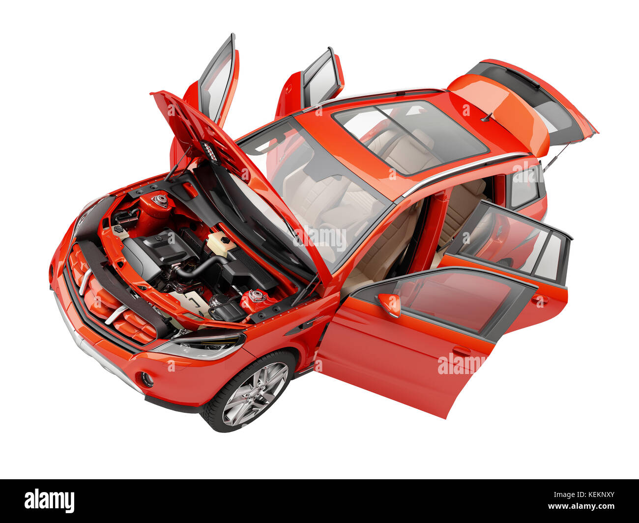 Red SUV-Auto mit alle Türen geöffnet. Die Motorhaube, Motor und Einzelheiten enthalten. Blick von oben. Stockfoto