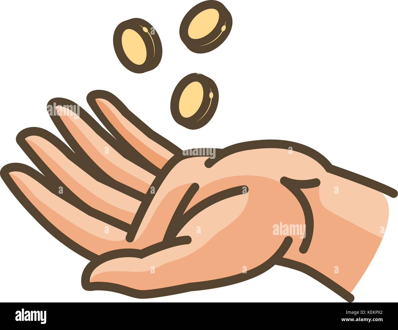 Hand und Geld oder Goldmünzen. Symbol für Bezüge, Bargeld, Gewinn, Einkommen. Vektorabbildung Stock Vektor