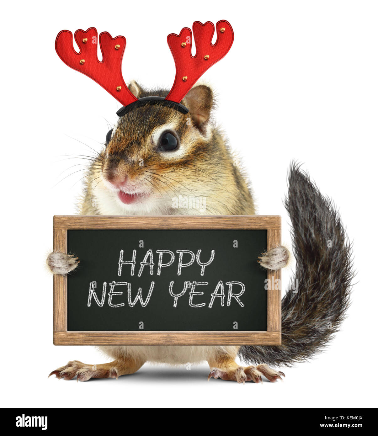 Lustige Tier chipmunk mit Weihnachten Hörner halten Tafel mit ein frohes neues Jahr wünschen Stockfoto