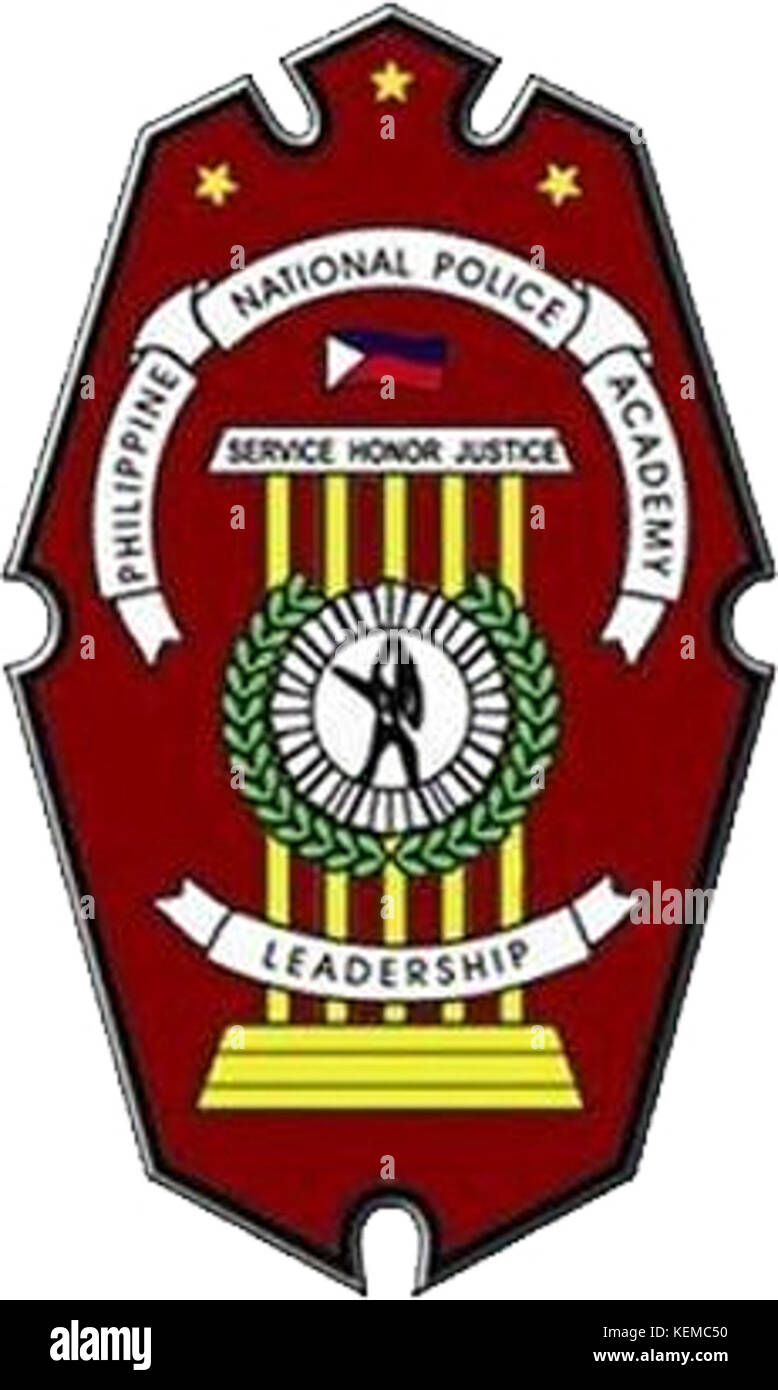 Das philippinische National Police Academy Siegel repräsentiert die Kernwerte der Akademie und symbolisiert Disziplin, Dienst und Engagement für die öffentliche Sicherheit auf den Philippinen. Sie spiegelt die Mission der Institution wider, qualifizierte Strafverfolgungsbeamte zu entwickeln. Stockfoto