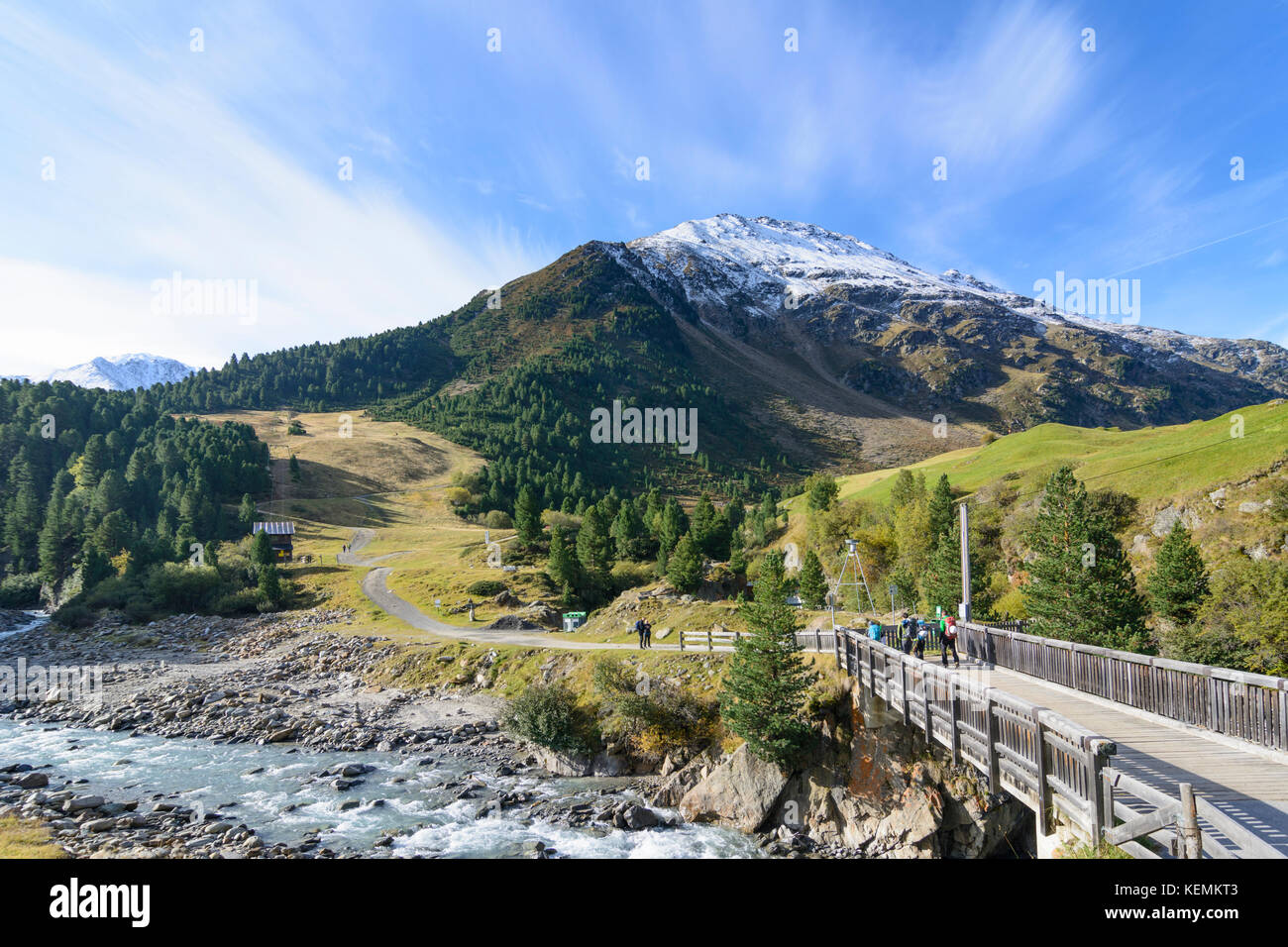 Brücke an Dorf Vent, stream Venter Ache, Sölden, Ötztaler Alpen, Tirol, Tirol, Österreich Stockfoto