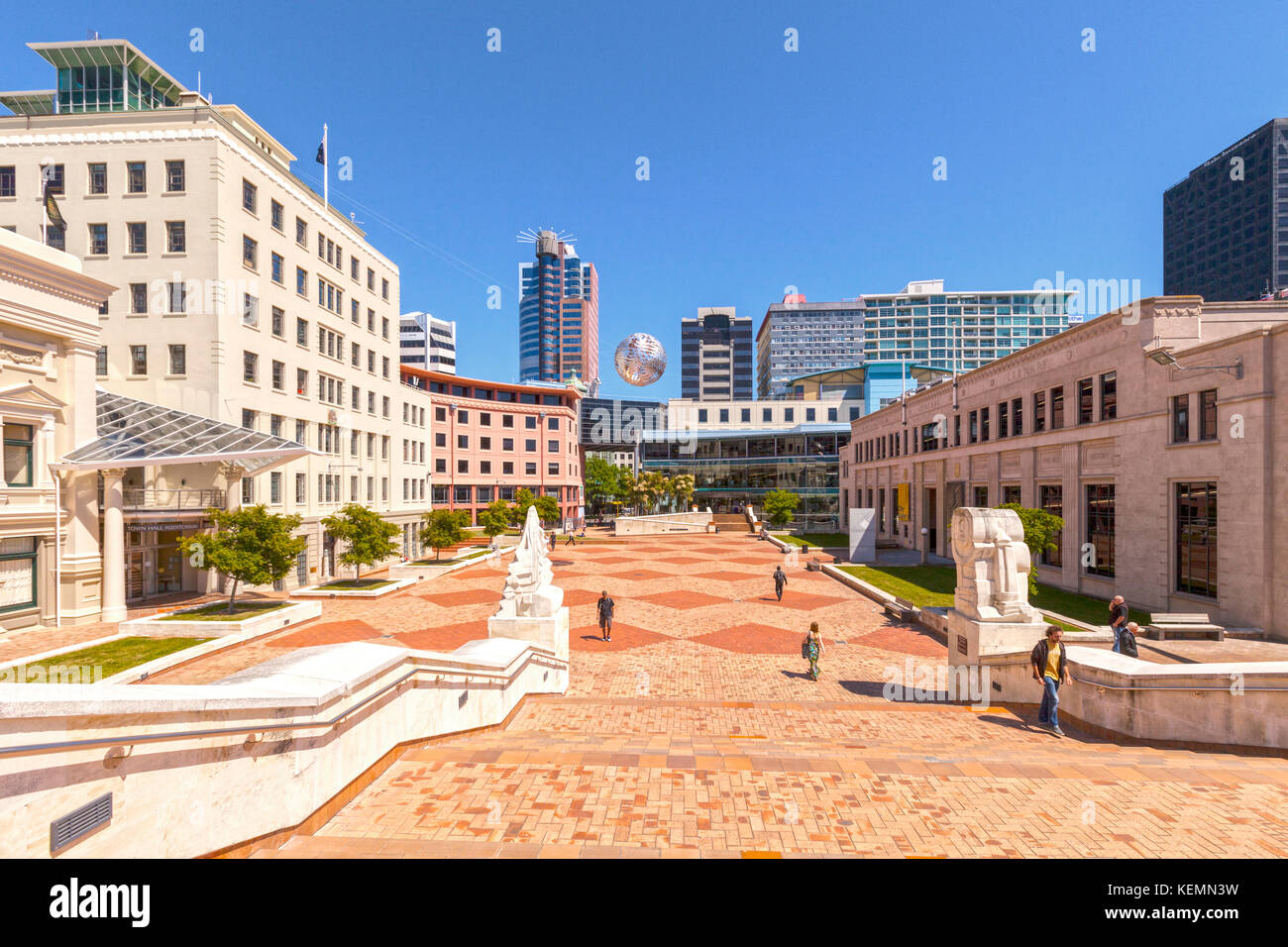 Blick auf den Civic Square, Wellington, Neuseeland. Stockfoto