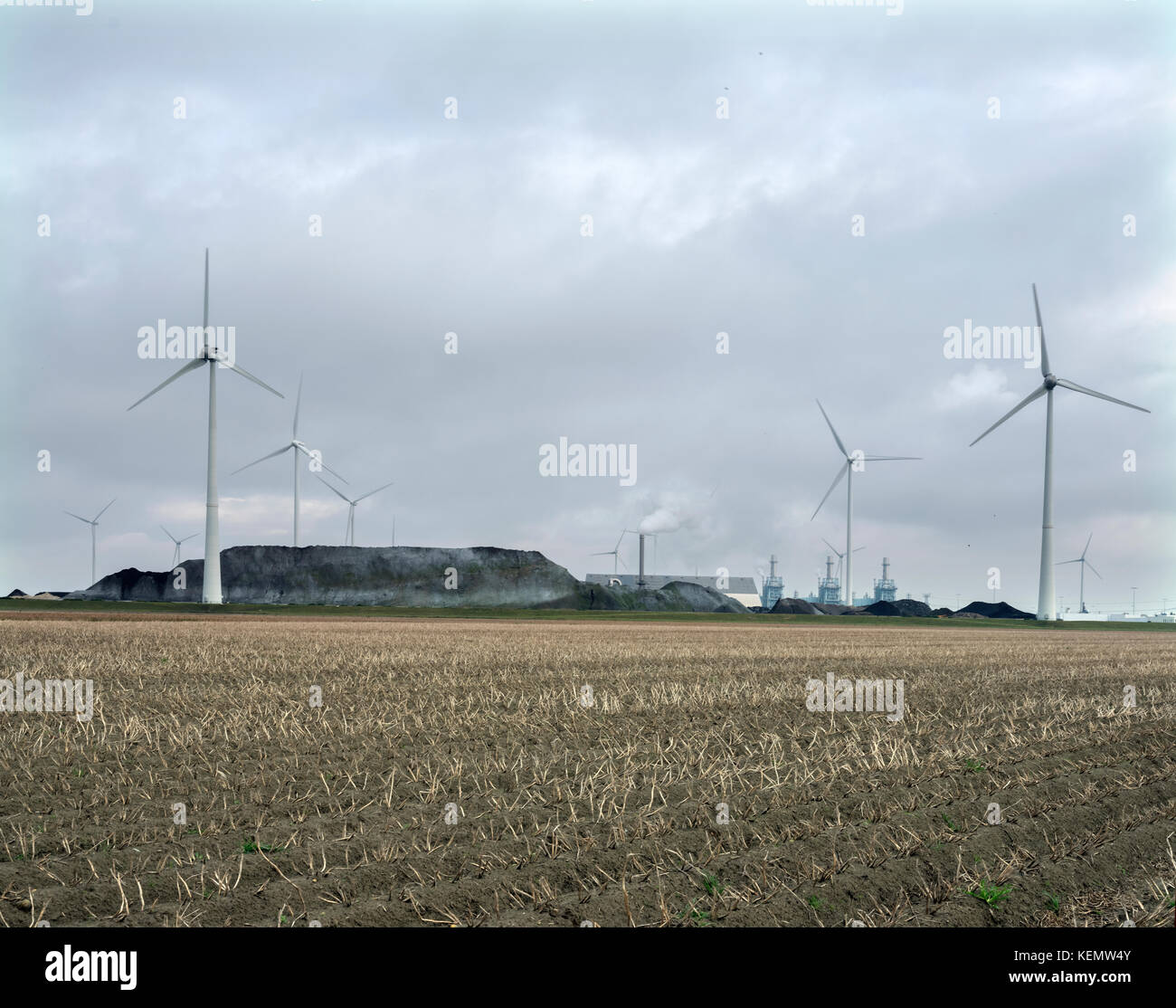Industrie und Windräder hinter dem Feld bei Eemshaven im Norden von Groningen in den Niederlanden Stockfoto