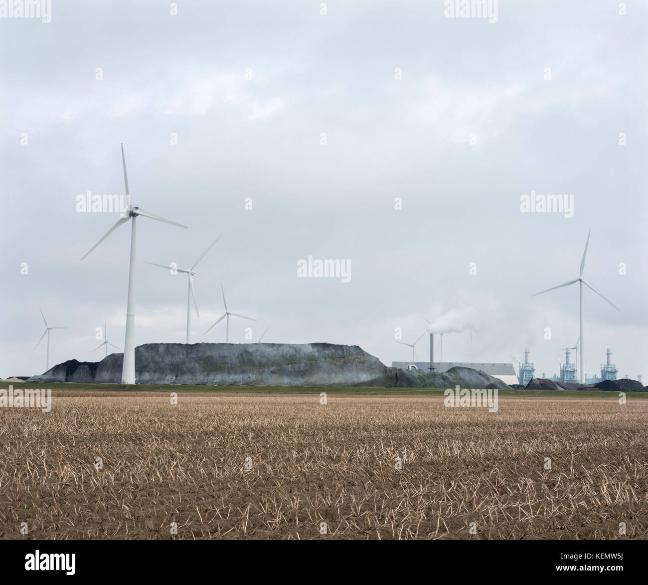 Industrie und Windräder hinter dem Feld bei Eemshaven im Norden von Groningen in den Niederlanden Stockfoto