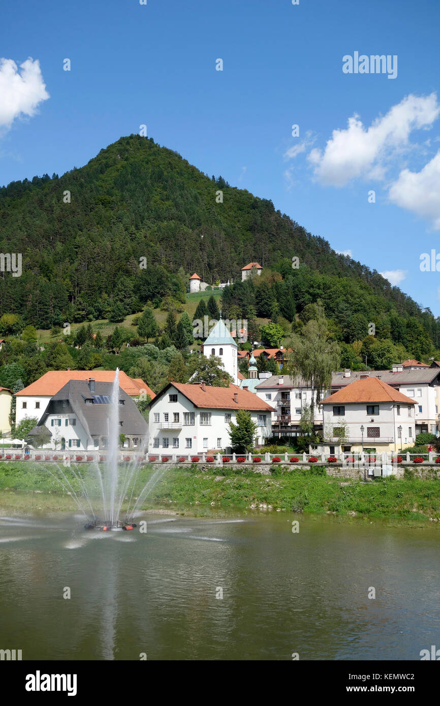 Lasko, einer Stadt am Fluss Savinja, Slowenien. Stockfoto