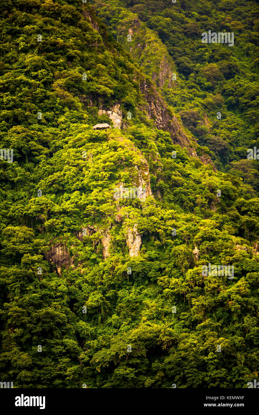 Üppig grüner Berg am Atitlan See mit Hütte auf einer Klippe Stockfoto