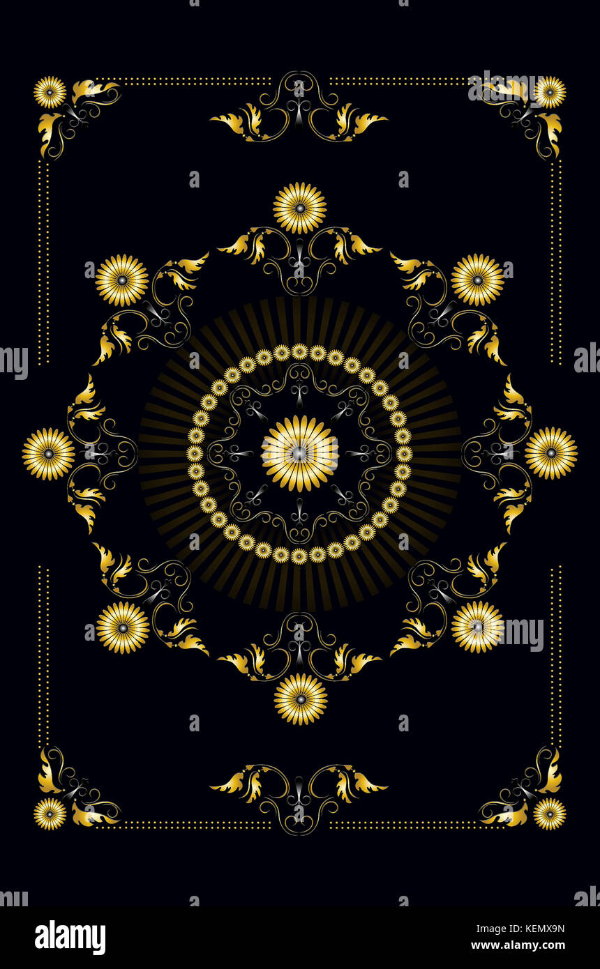 Rahmen aus Gold ornamentale Muster mit der Blätter mit Sternen und wieder Licht auf schwarzem Hintergrund Stockfoto