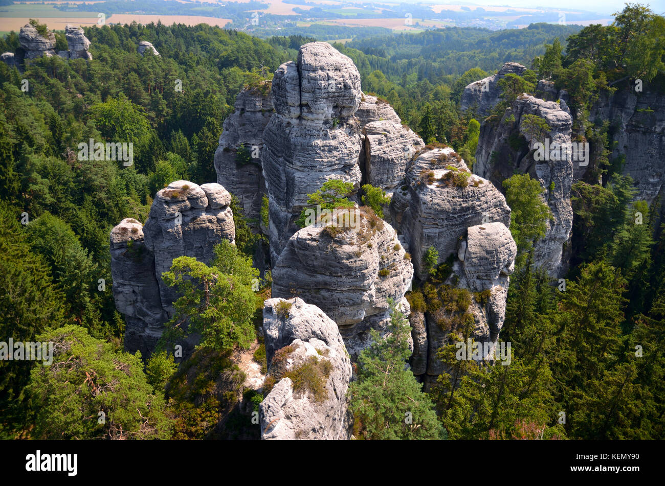 Angesichts des hohen Rock durch einen dichten Wald unter einem blauen Himmel in der Tschechischen Paradies in der Tschechischen Republik umgeben Stockfoto