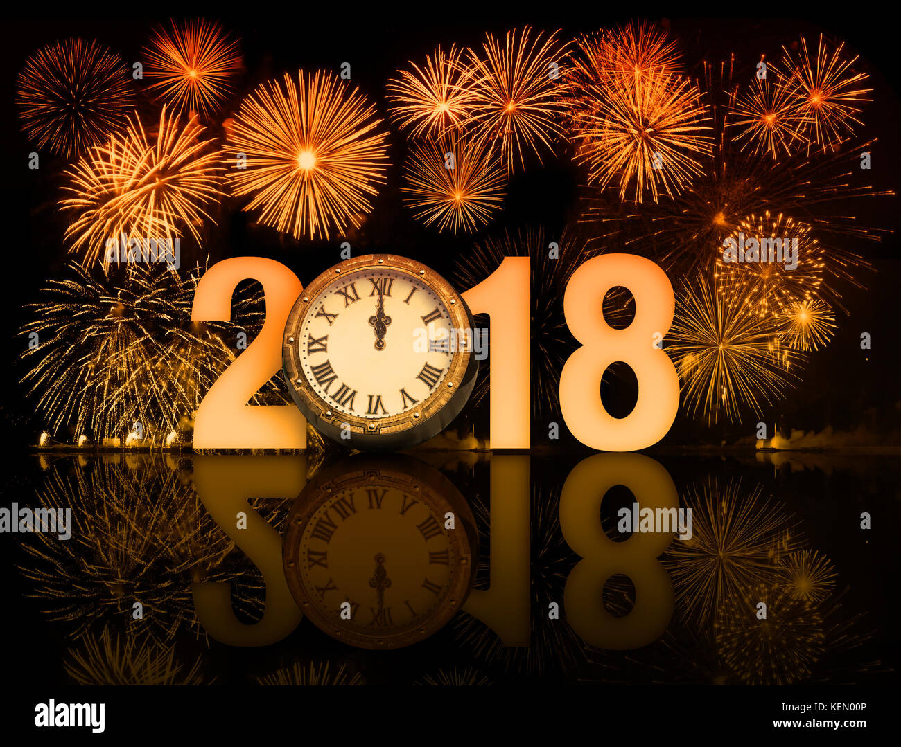 2018 Feuerwerk mit Uhr genau um Mitternacht 3D-Darstellung Stockfoto