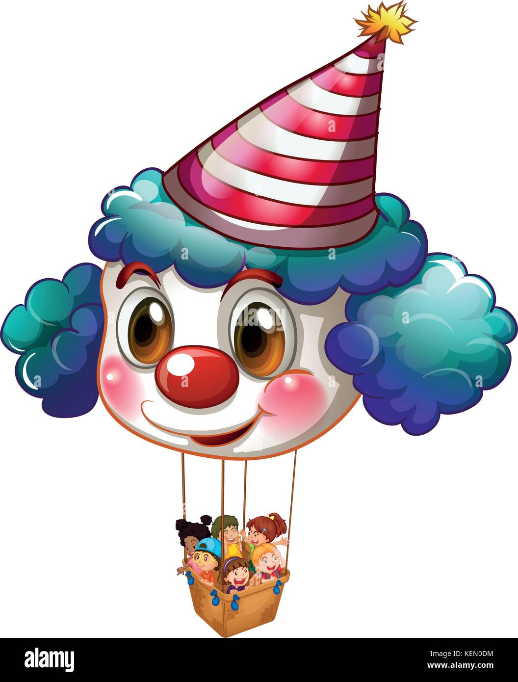 Abbildung: ein großer Clown Ballon mit einem Korb voller Kinder auf ...
