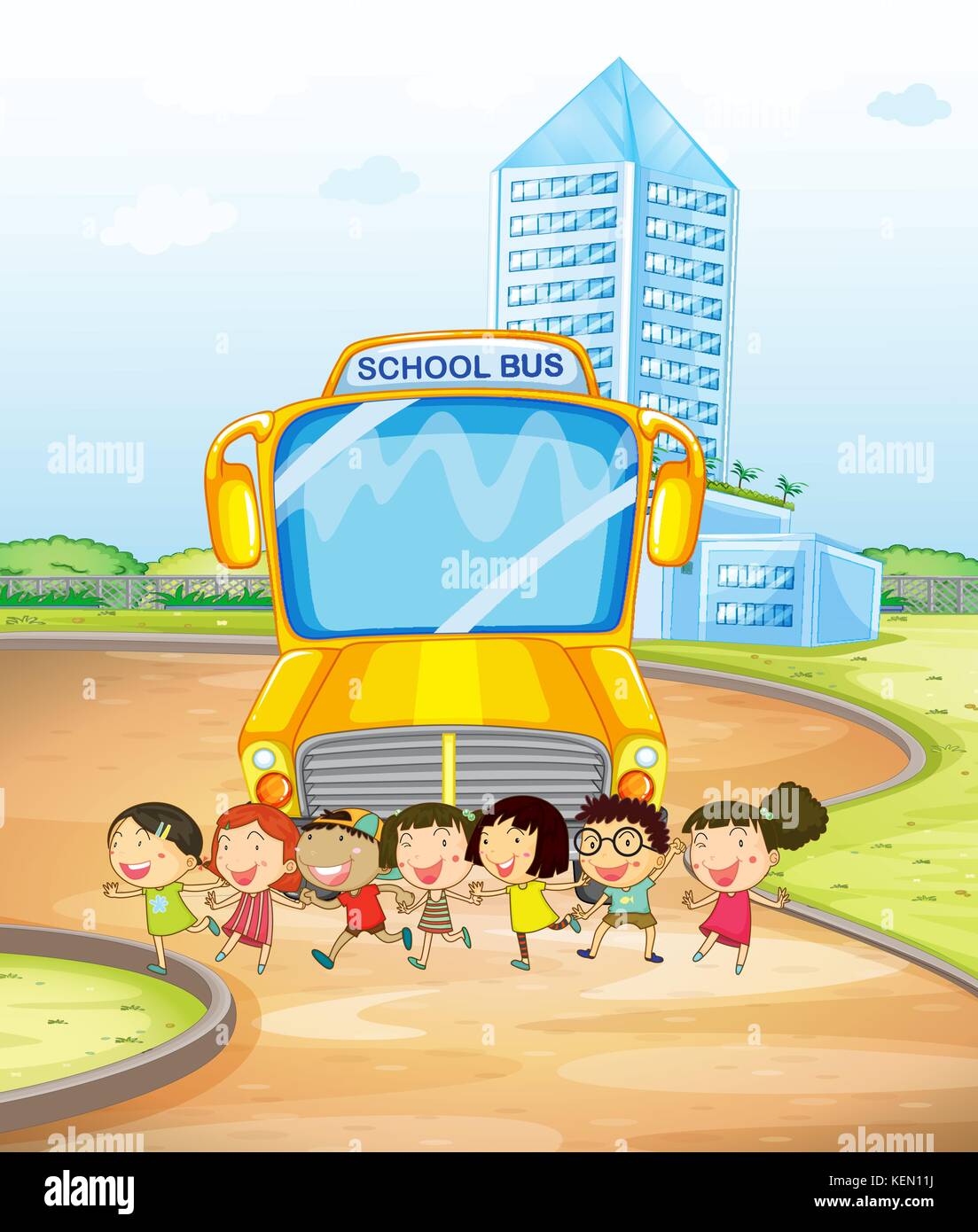 Abbildung: viele Kinder und eine Schule Bus Stock Vektor