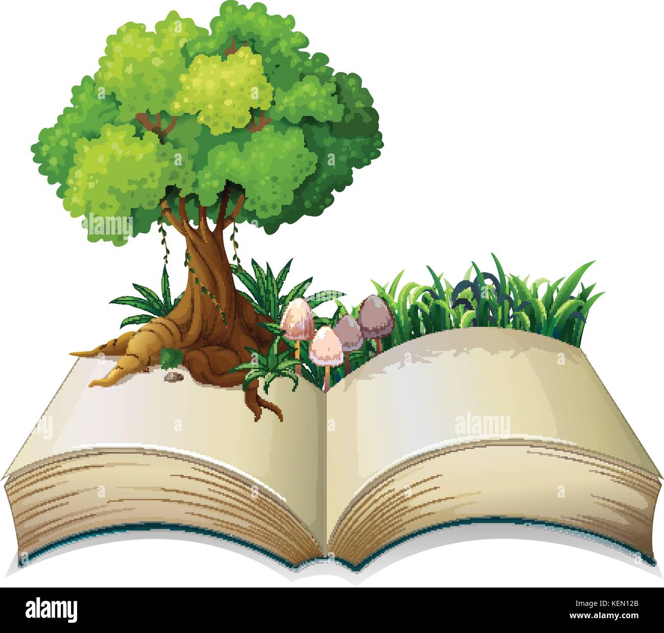 Abbildung: ein offenes Buch mit einem Baum auf weißem Hintergrund Stock Vektor