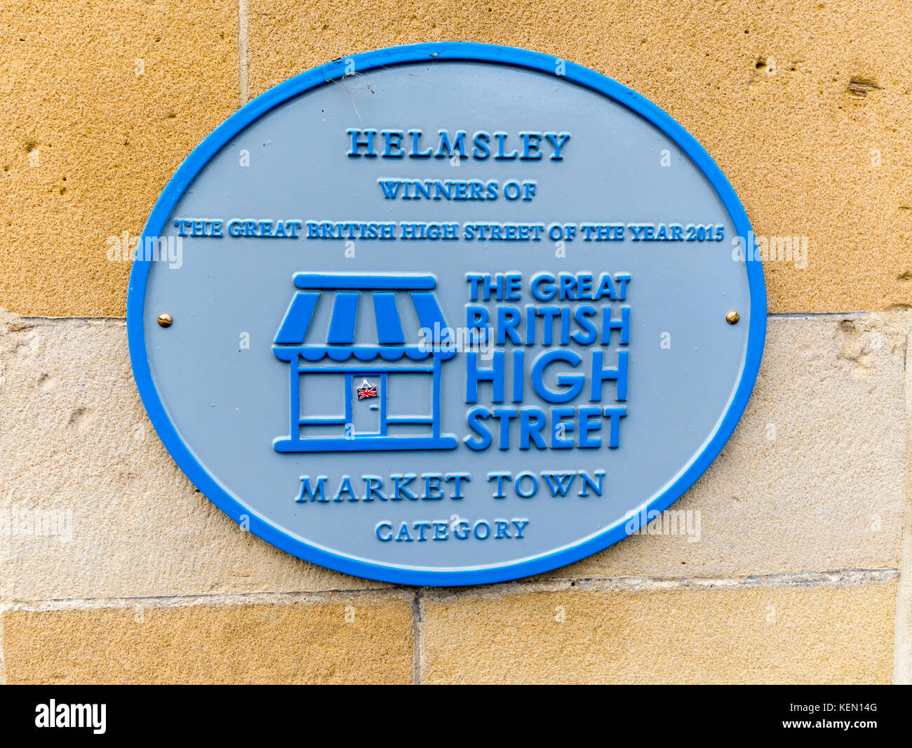 Blaue Plakette für Helmsley Gewinner des Großen Britischen High Street des Jahres Marktstadt 2015 Kategorie Stockfoto