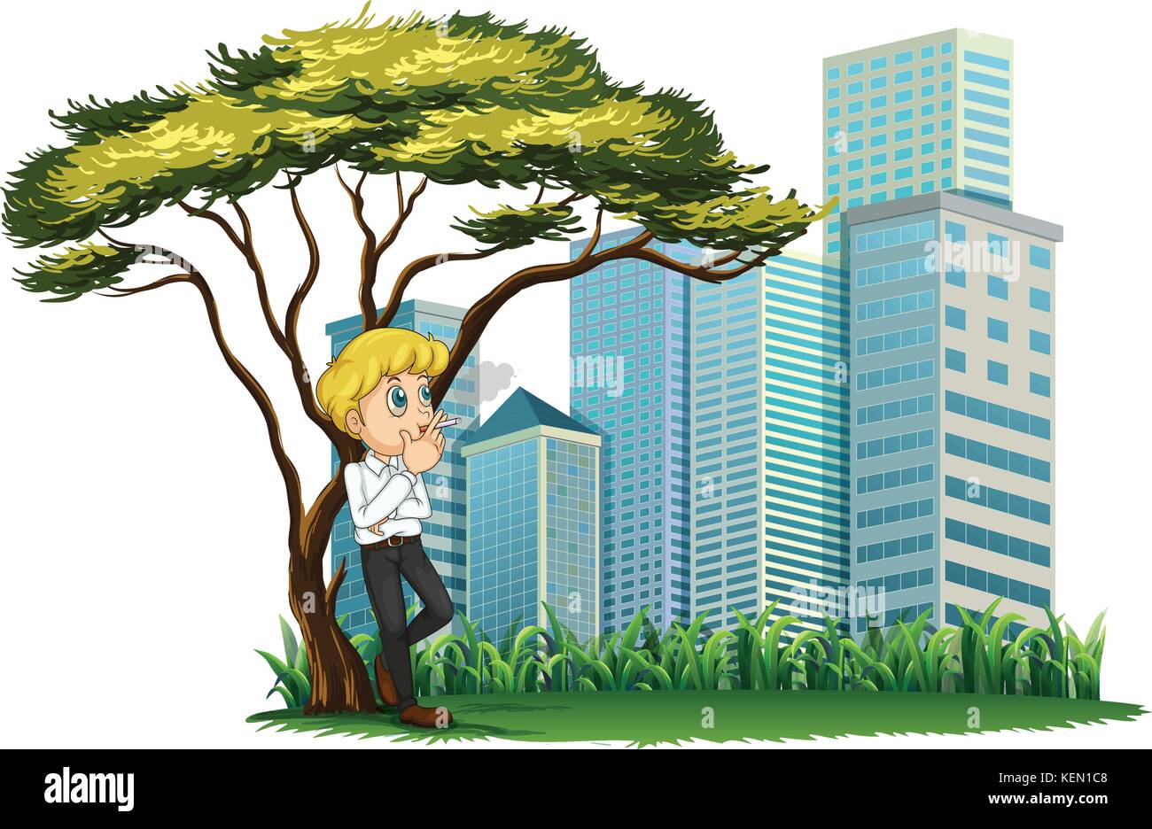 Abbildung: ein Mann Rauchen unter dem Baum über die Gebäude auf einem weißen Hintergrund Stock Vektor