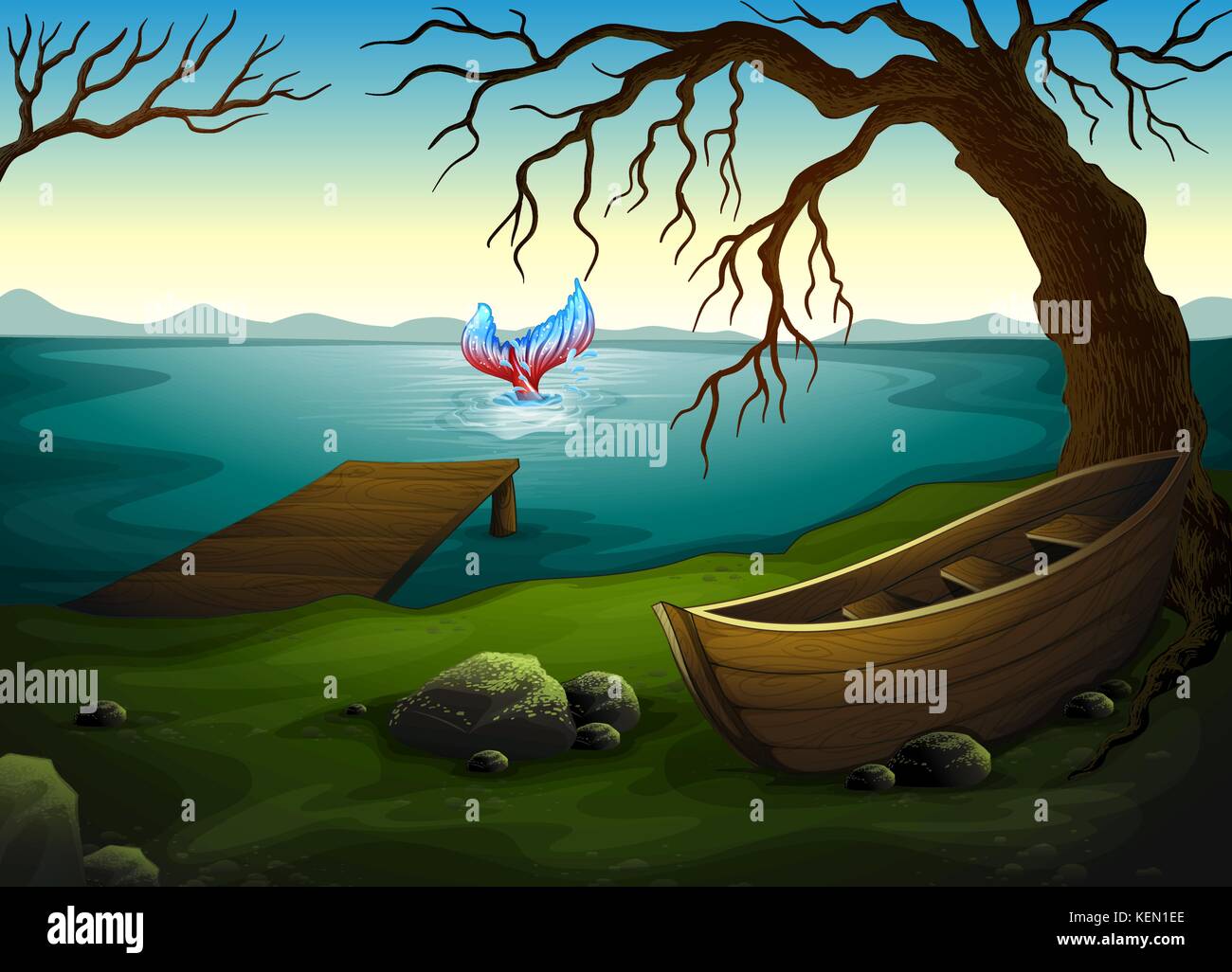 Abbildung: ein Boot unter dem Baum in der Nähe des Meeres mit einem großen Fisch Stock Vektor