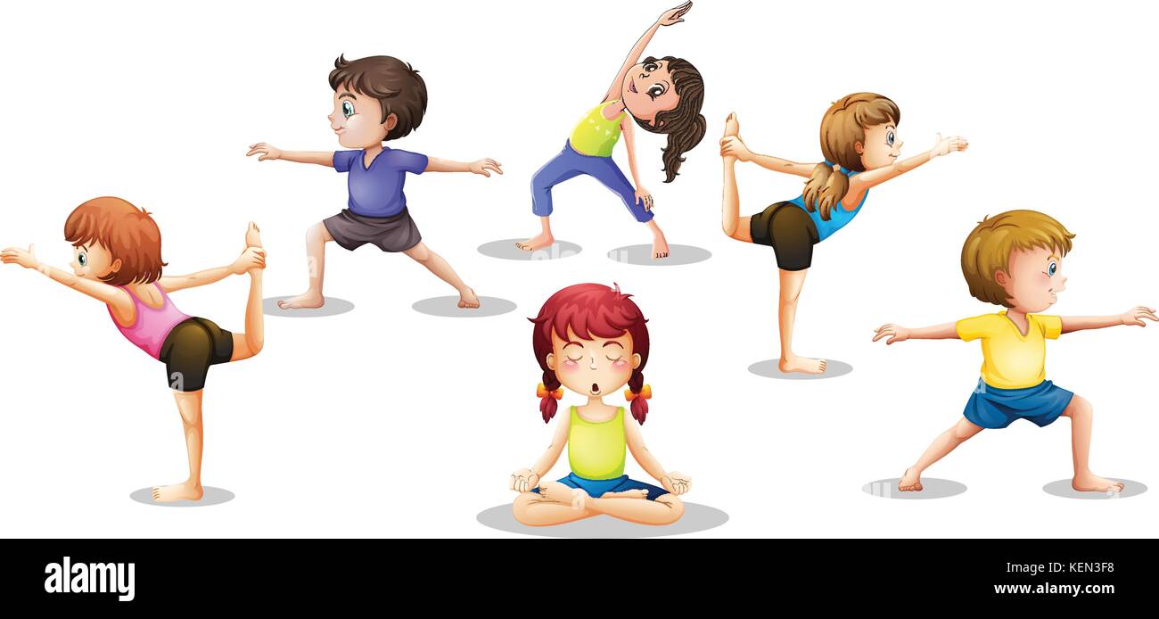 Abbildung: viele Kinder Stretching und Meditation Stock Vektor