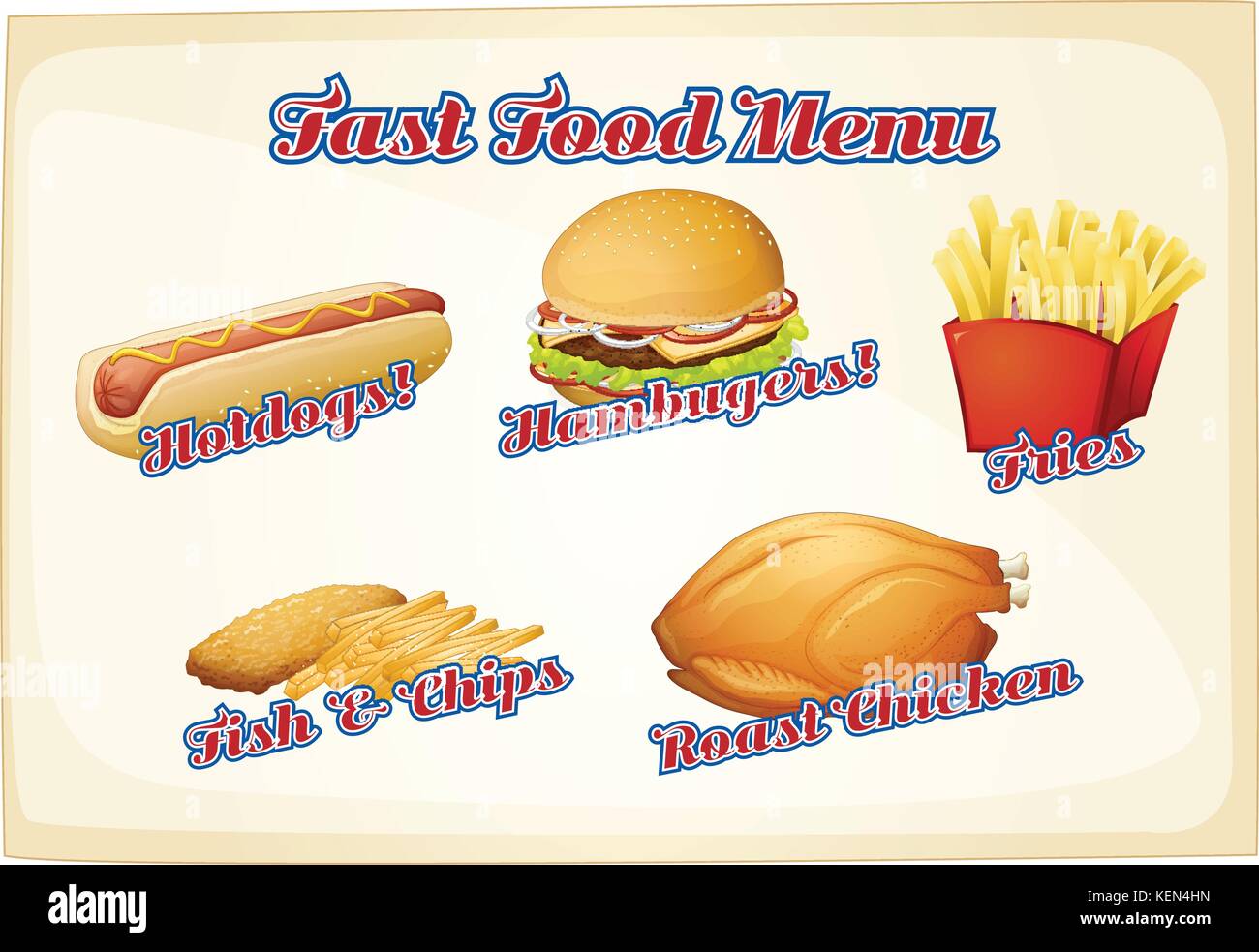 Fast food Menü mit verschiedenen Lebensmitteln Stock Vektor