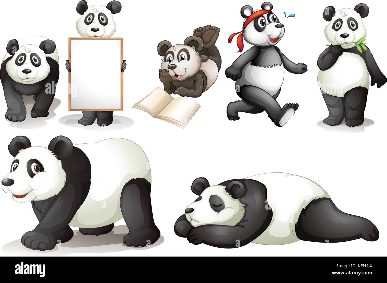Darstellung der sieben Pandas auf weißem Hintergrund Stock Vektor
