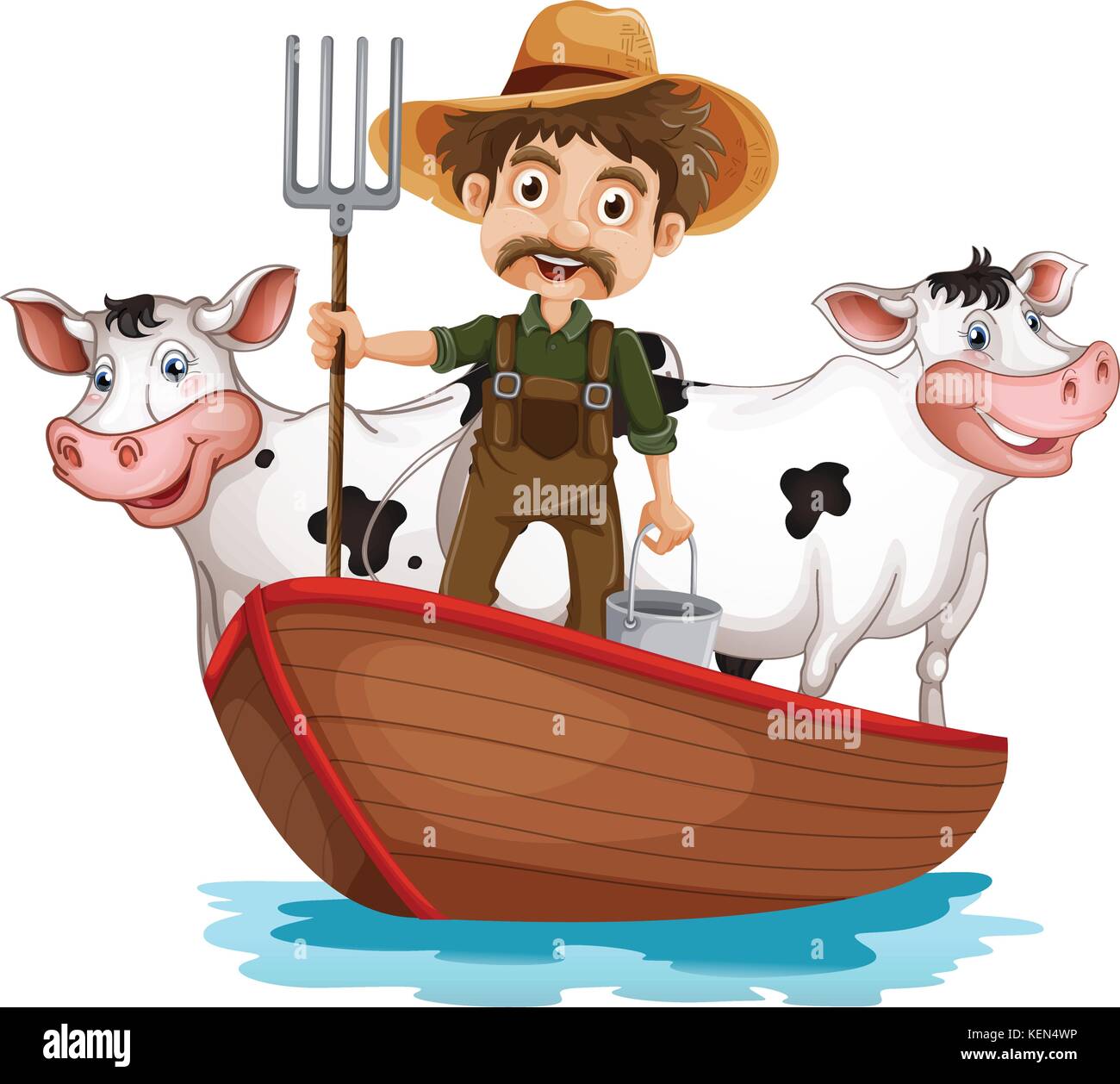 Abbildung: ein Boot mit einem Mann und zwei Kühe auf weißem Hintergrund Stock Vektor