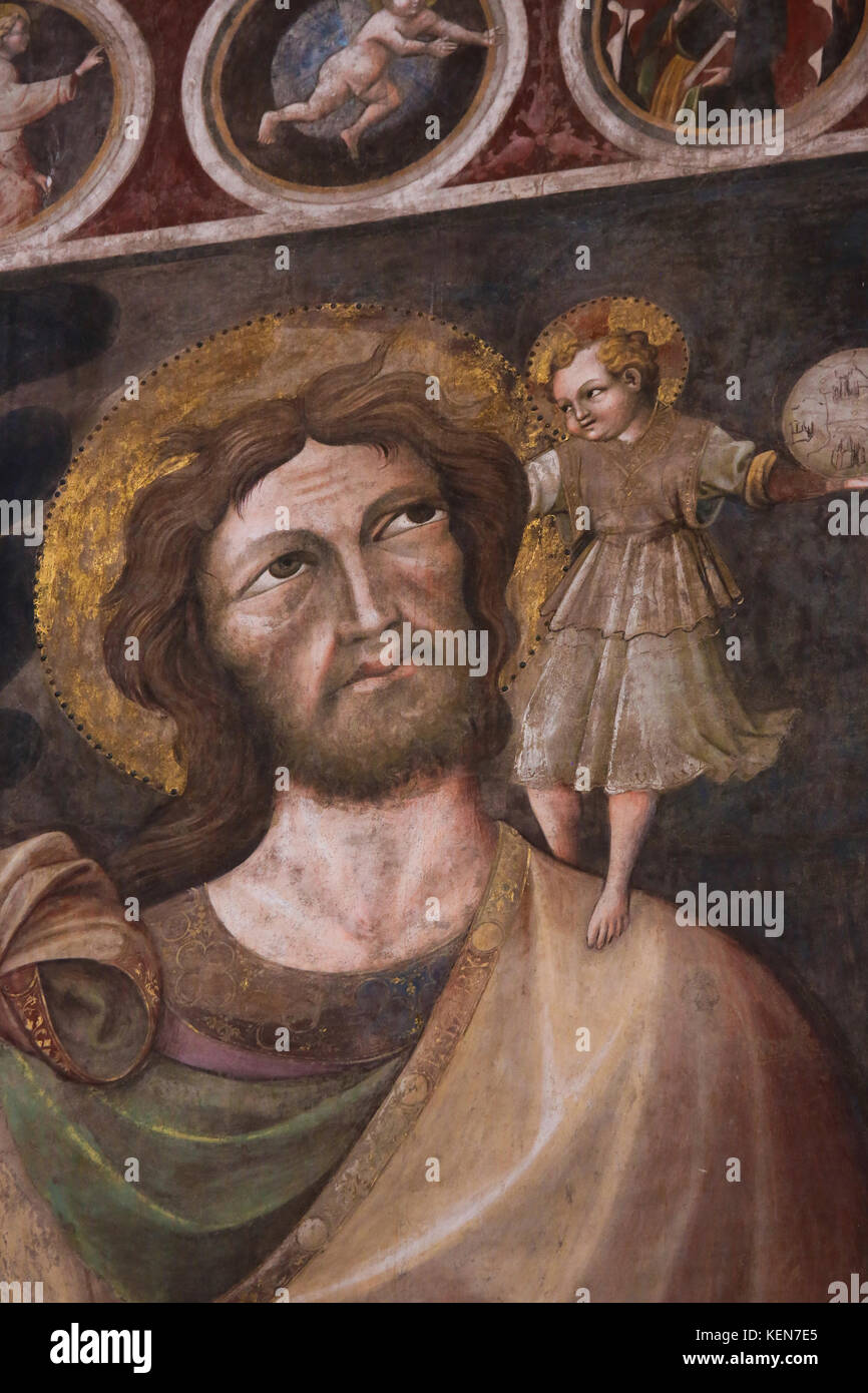 Fresko des heiligen Christophorus in der Basilika San Petronio, Bologna, Emilia Romagna, Italien Stockfoto
