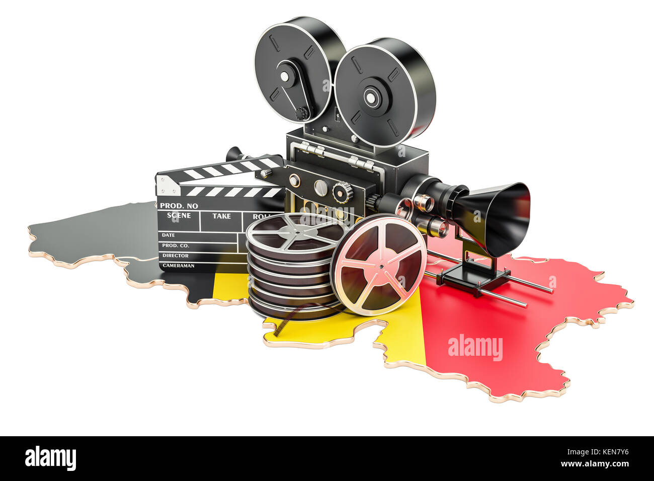 Belgische Kinematographie, Filmindustrie Konzept. 3D-Rendering auf weißem Hintergrund Stockfoto