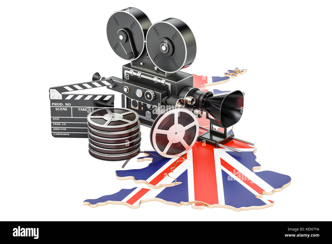 Britische Kinematographie, Filmindustrie Konzept. 3D-Rendering auf weißem Hintergrund Stockfoto