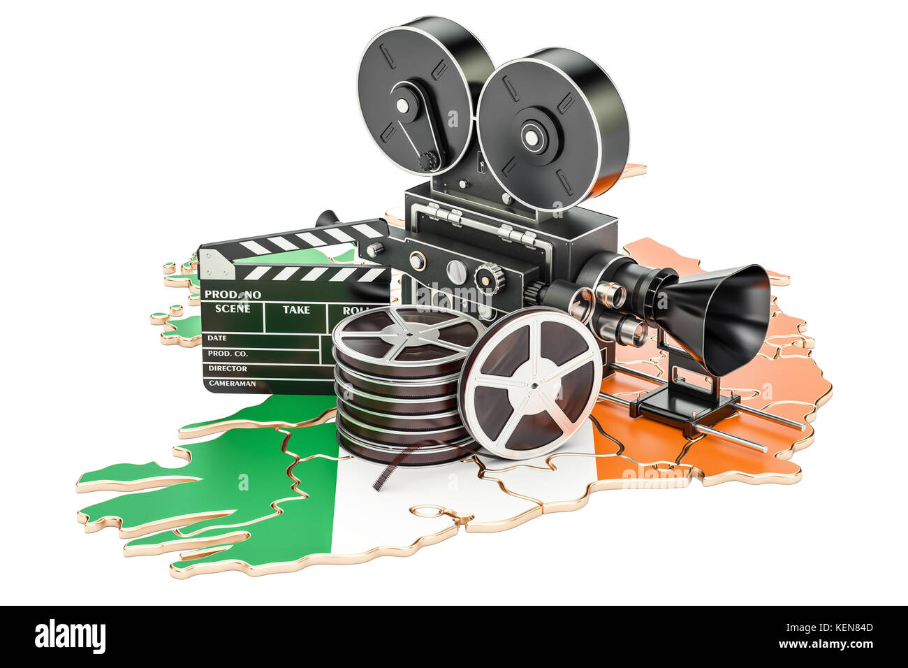 Irische Kinematographie, Filmindustrie Konzept. 3D-Rendering auf weißem Hintergrund Stockfoto