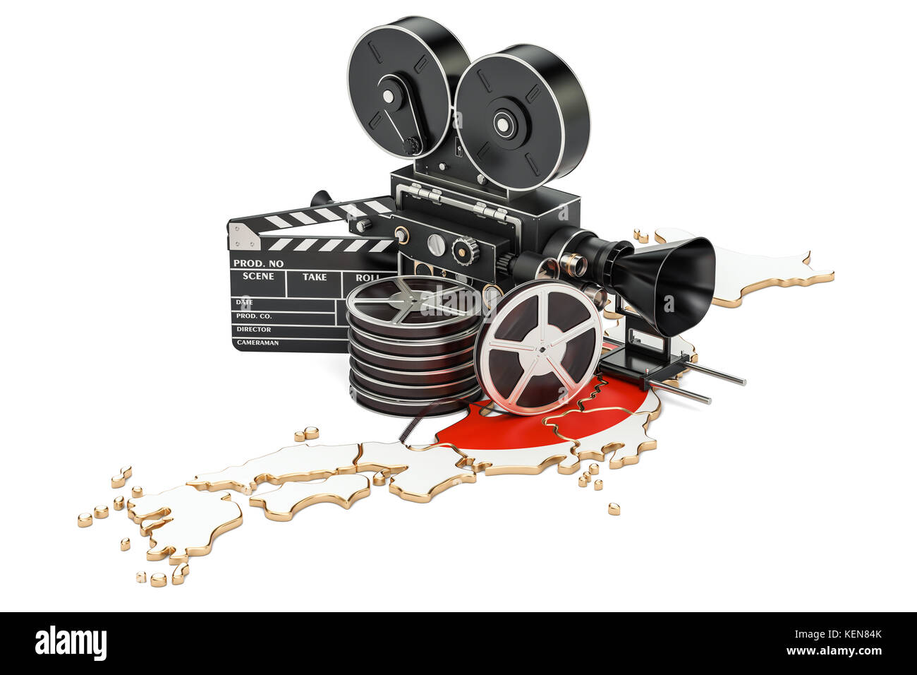 Japanischen Kinematografie, Filmwirtschaft Konzept. 3D-Rendering auf weißem Hintergrund Stockfoto