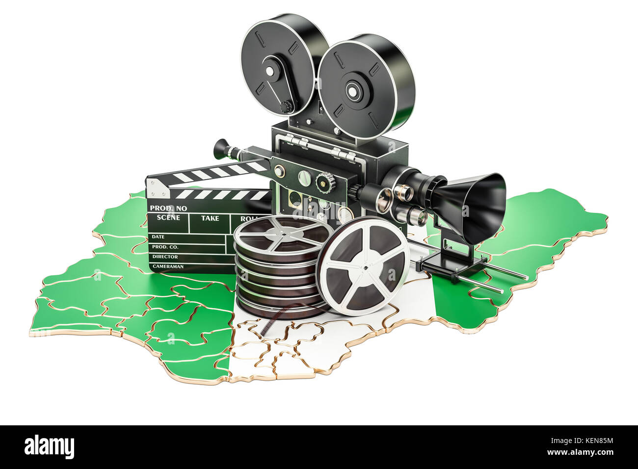Nigerianische Kinematographie, Filmindustrie Konzept. 3D-Rendering auf weißem Hintergrund Stockfoto