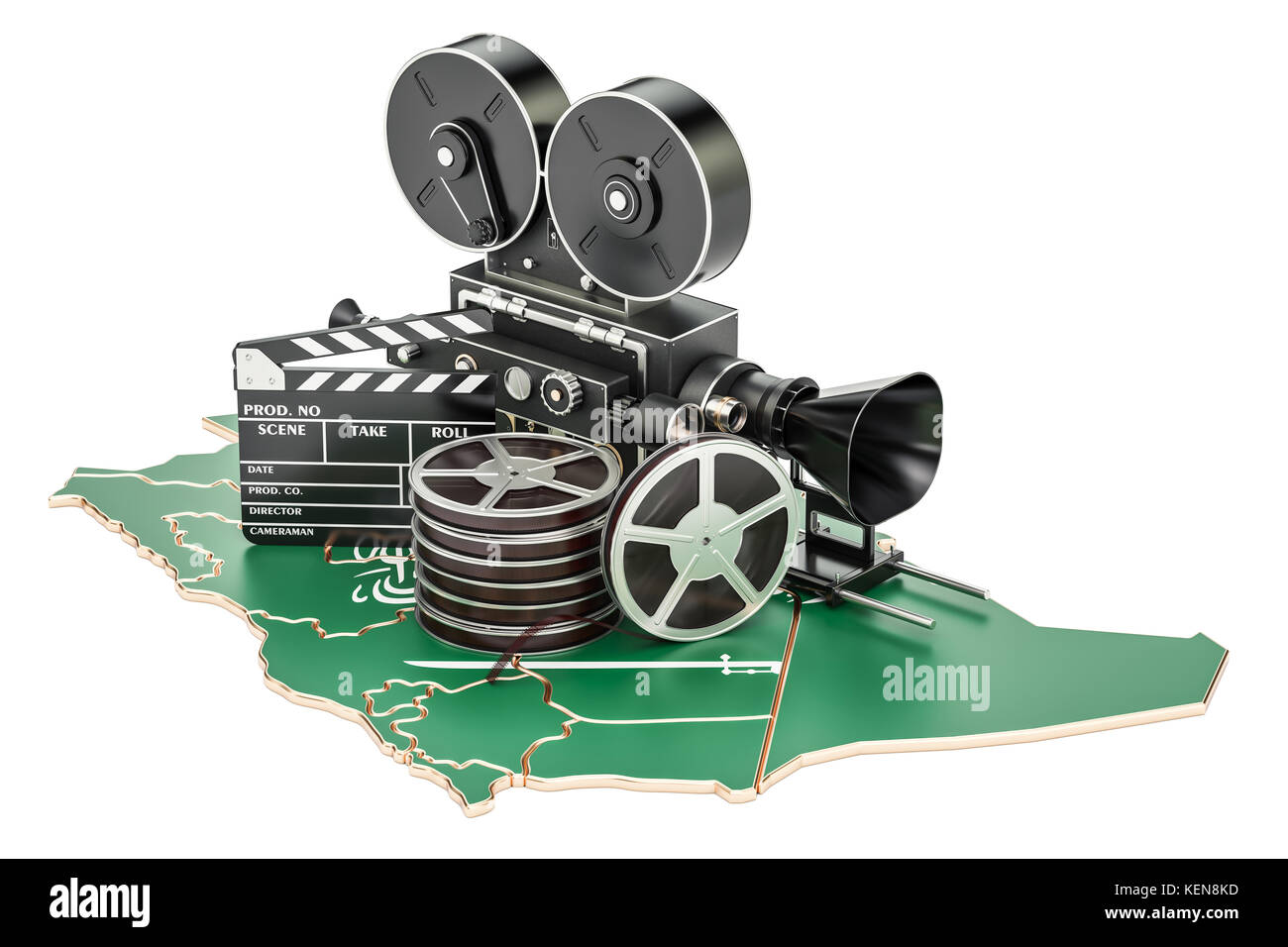 Saudi-arabien Kinematographie, Filmindustrie Konzept. 3D-Rendering auf weißem Hintergrund Stockfoto