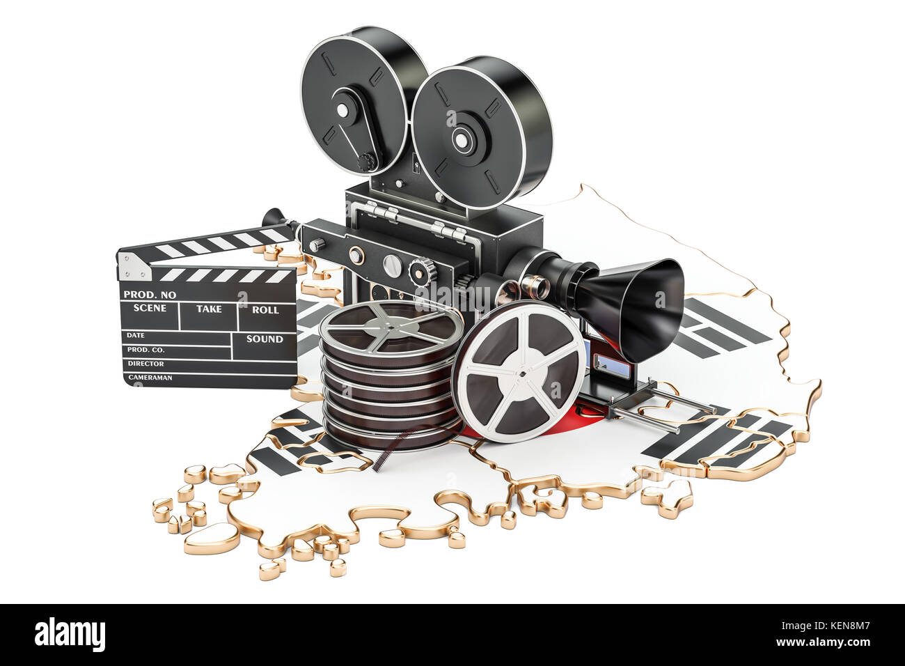 Südkorea Kinematographie, Filmindustrie Konzept. 3D-Rendering auf weißem Hintergrund Stockfoto