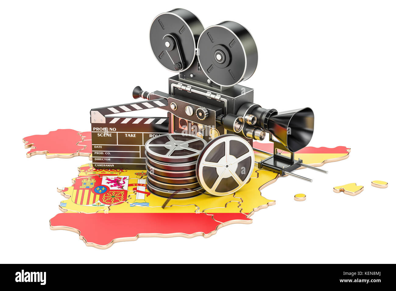 Spanisch Kinematographie, Filmindustrie Konzept. 3D-Rendering auf weißem Hintergrund Stockfoto