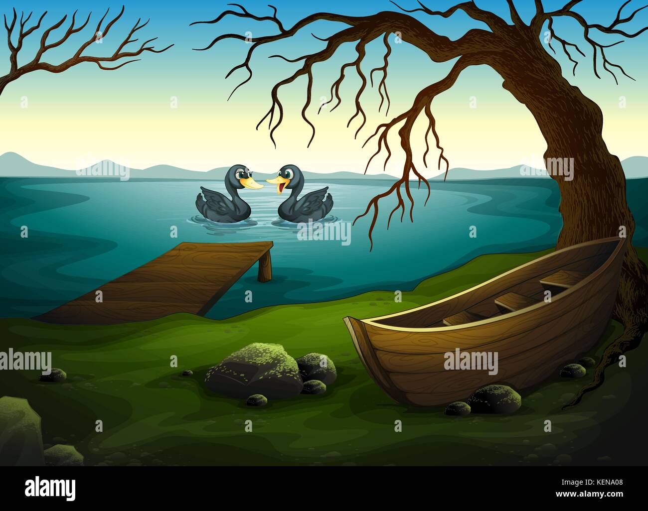 Abbildung: ein Boot unter dem Baum in der Nähe des Meeres mit zwei Enten Stock Vektor