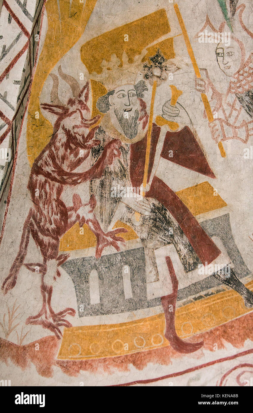 Dänische spät mittelalterlichen religiösen Fresken zeigen einen Ausschnitt aus "Der Mord der unschuldigen Kinder", wo der Teufel die bösen Plan erklärt K Stockfoto