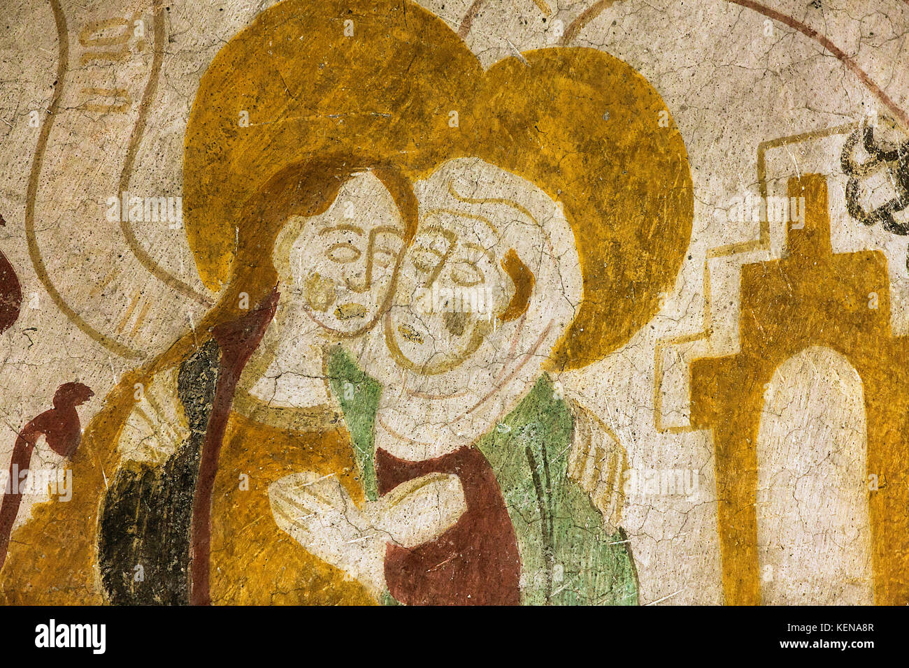 Dänische spät mittelalterlichen religiösen Fresken, die Jungfrau Maria (links) mit ihrem Haar, besucht ihre Cousine Elisabeth. Dieses Gemälde ist von Aro Stockfoto