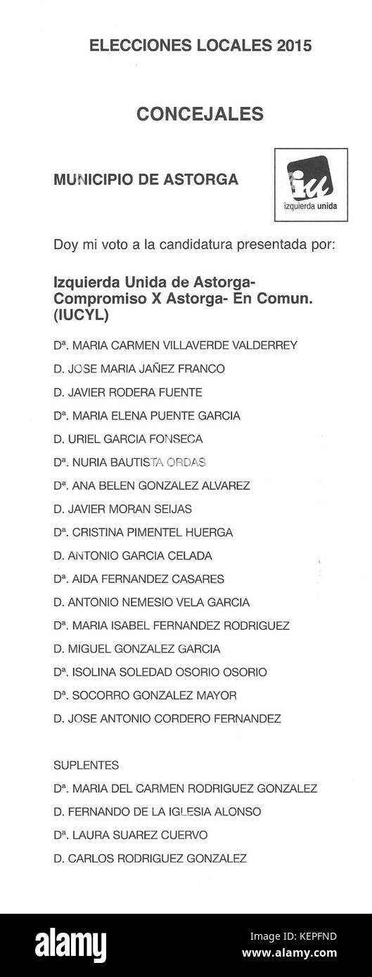2015 Spanischen Kommunalwahlen Stimmzettel Astorga I.E. Stockfoto