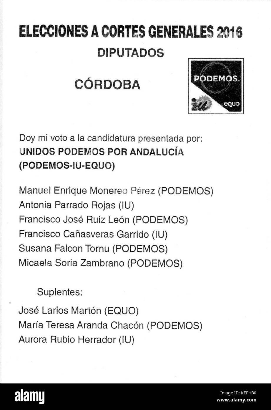 2016 Spanisch allgemeine Wahlen Stimmzettel Cordoba PODEMOS I.E. EQUO Stockfoto