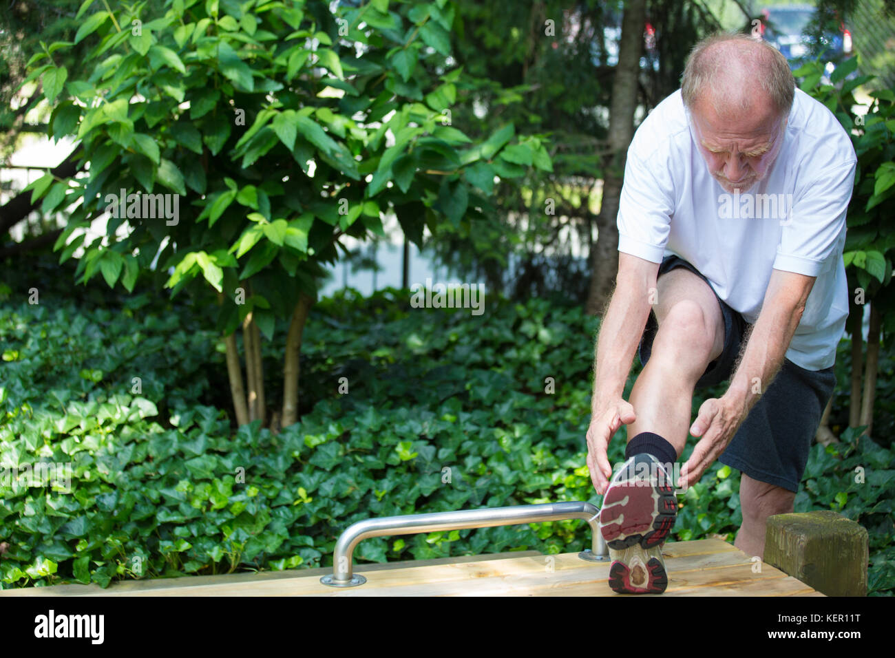 Closeup Portrait, Senior reifer Mann im weißen Hemd, schwarze Shorts, Stretching Beine, fast berühren, Zehen, isoliert, grüne Bäume Hintergrund. Aufwärmen Stockfoto