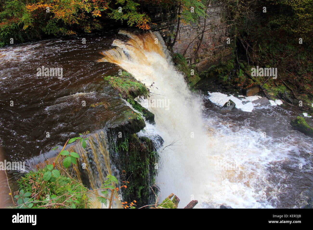 Lynn fällt, auf lugton Wasser westlich von dalry, North Ayrshire, Schottland mit Herbst Bäume im Hintergrund. Stockfoto