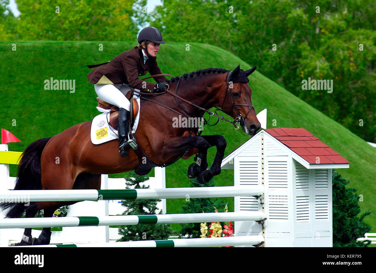 CSIO Meister, Spruce Meadows, August 2000, Meredith Michaels-Beerbaum (GER) Reiten Concetto Stockfoto