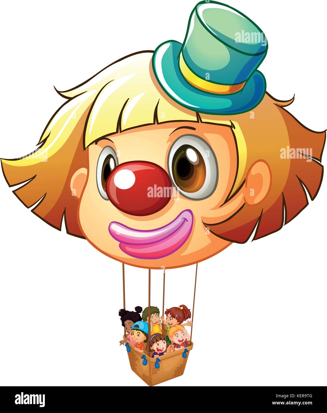 Abbildung: ein großer Clown Ballon mit einem Korb voller happy Kids auf ...