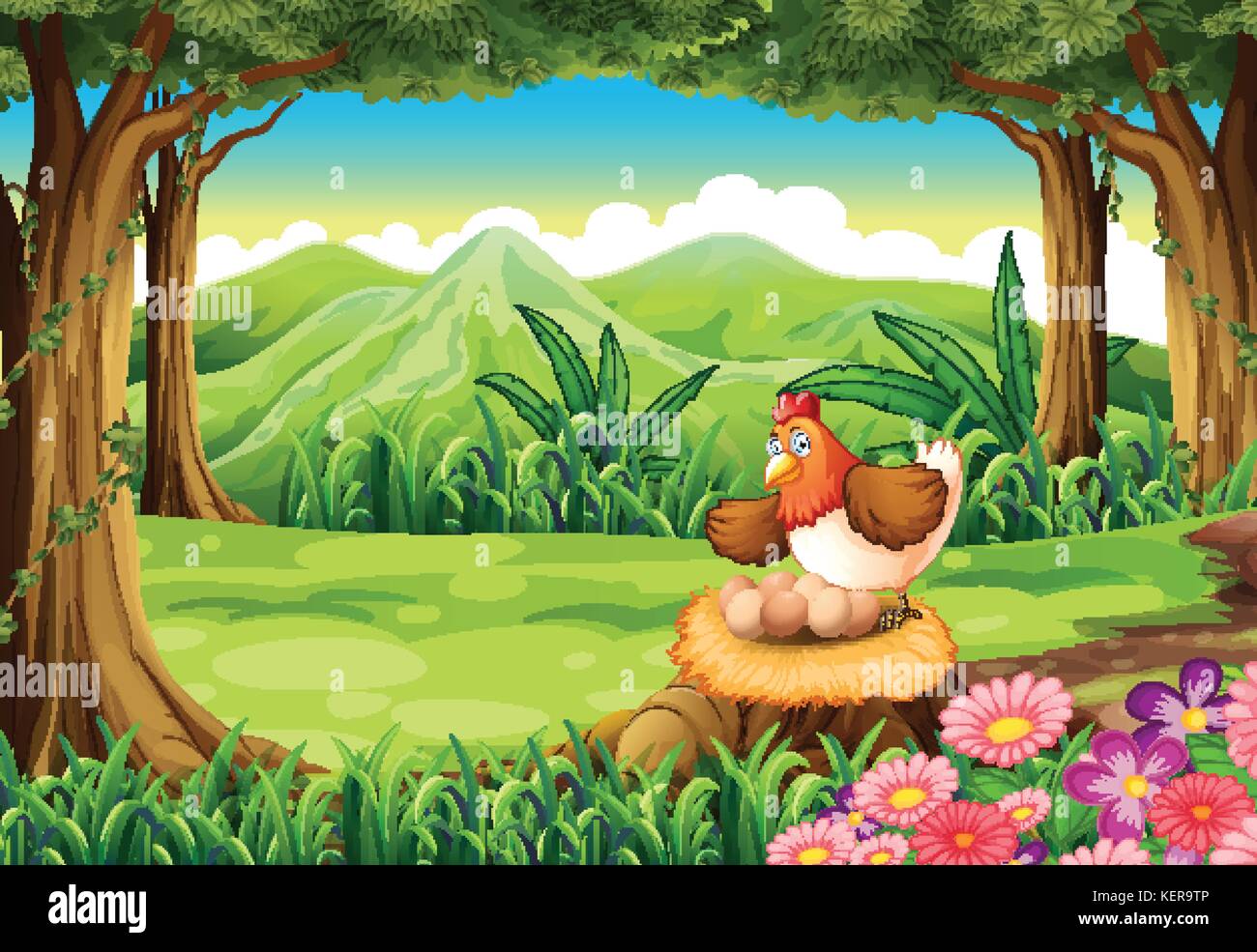 Abbildung: eine Henne Bruteier vor dem Baumstumpf im Wald Stock Vektor