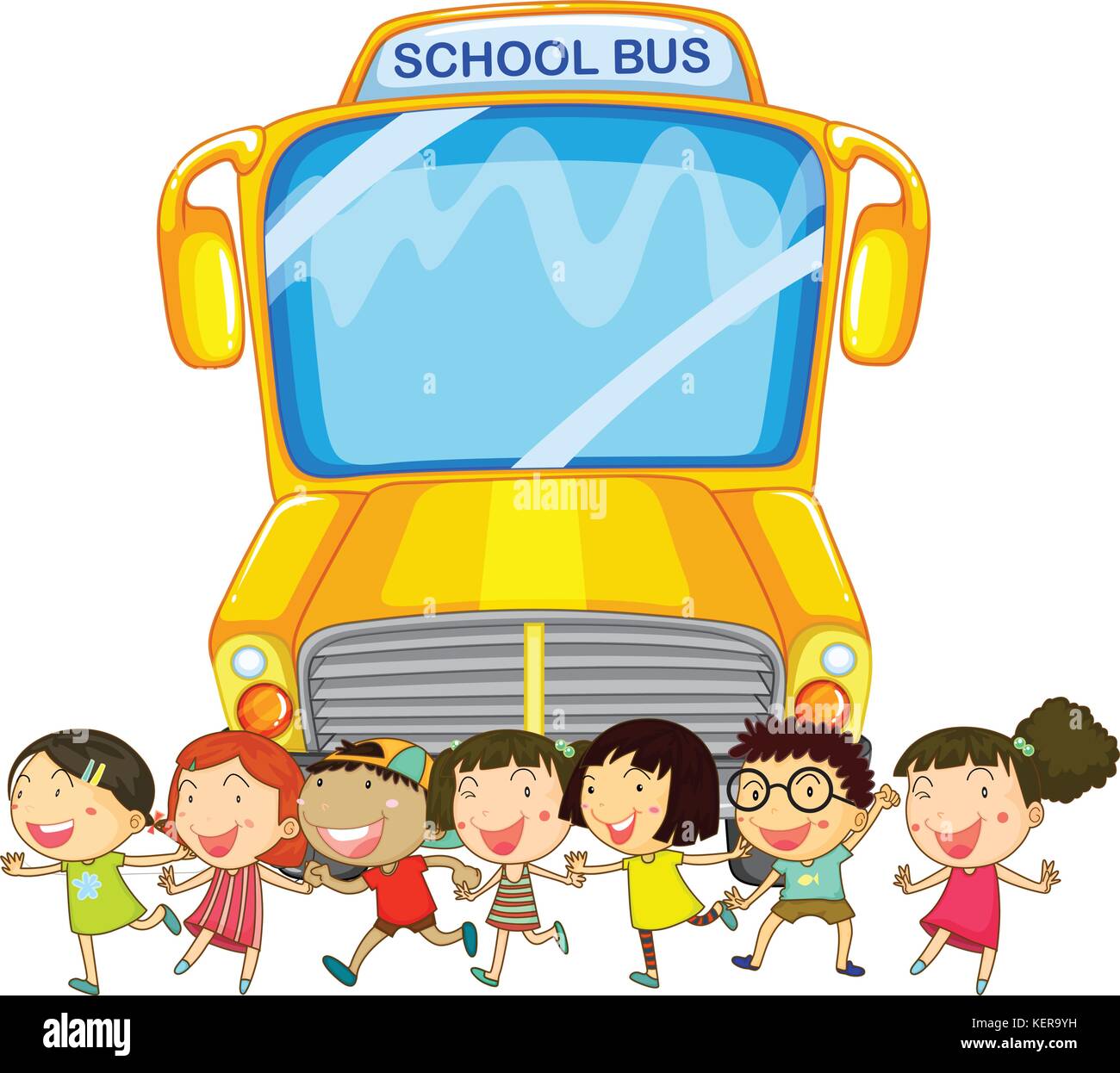 Abbildung: viele Kinder und eine Schule Bus Stock Vektor