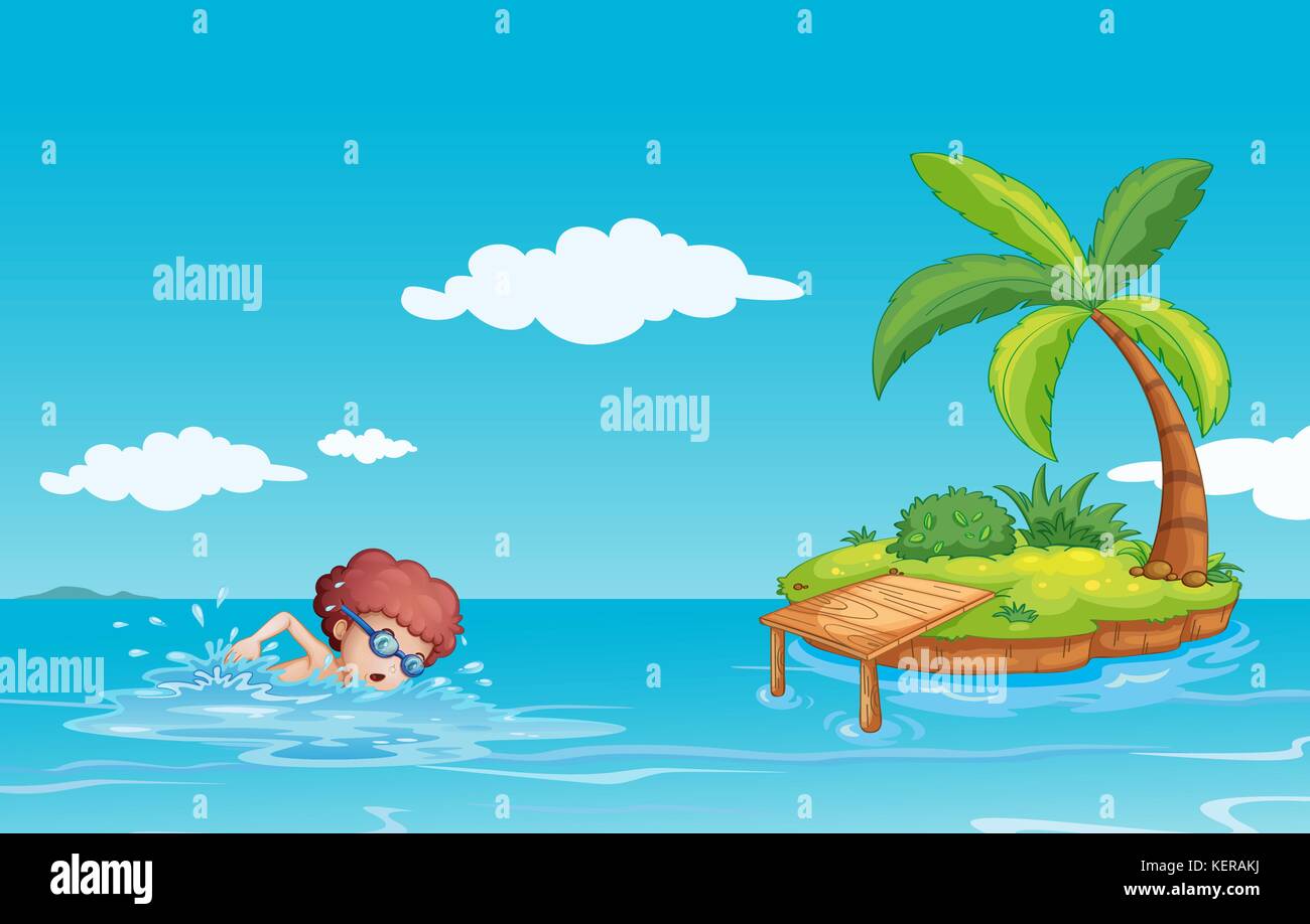 Abbildung: Ein teenager Schwimmen am Meer mit einer kleinen Insel Stock Vektor