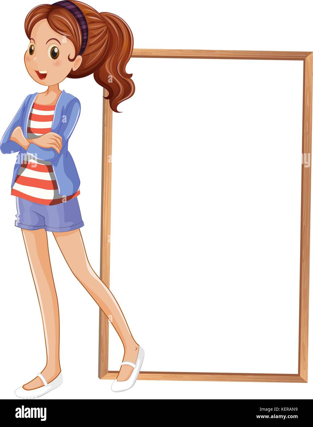 Abbildung: Ein Mädchen neben einem leeren rechteckigen Rahmen auf weißem Hintergrund Stock Vektor