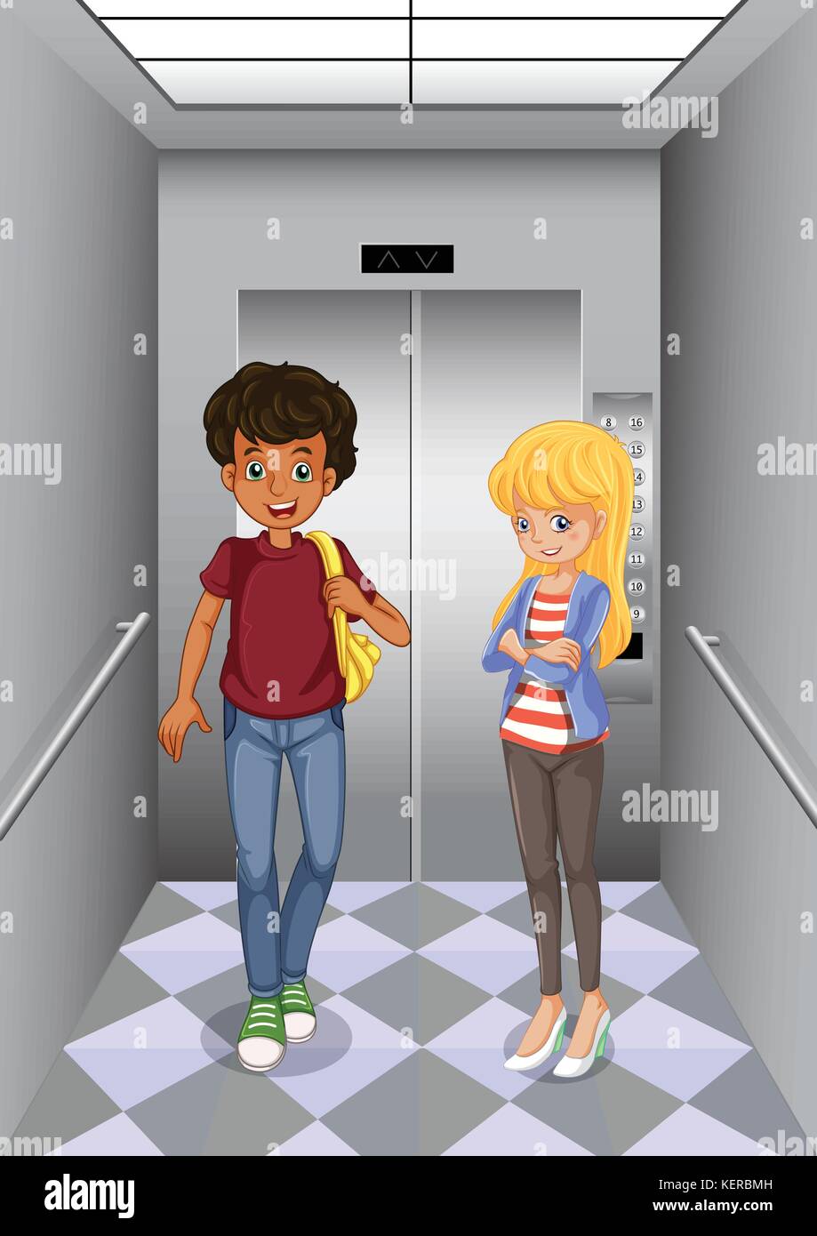 Illustation der beiden Jugendlichen am Aufzug Stock Vektor