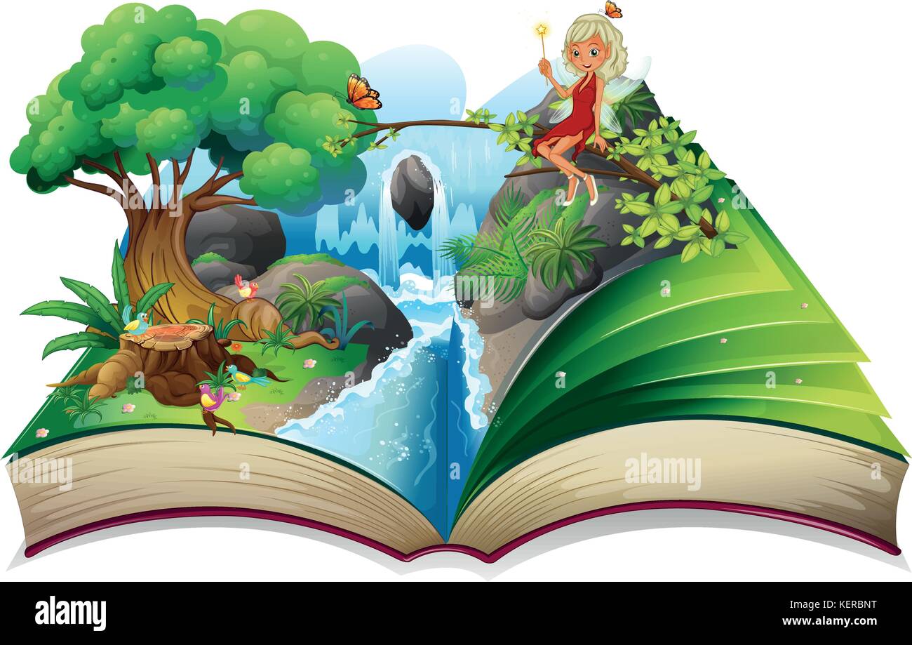 Abbildung: ein storybook mit einem Bild der Natur und eine Fee auf weißem Hintergrund Stock Vektor
