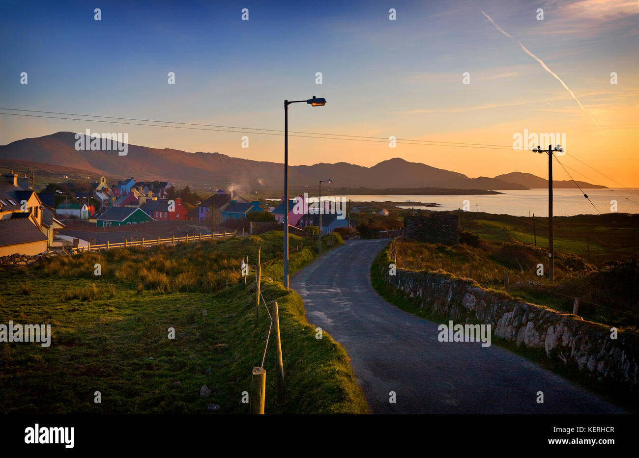 Eyeries Dorf im Abendlicht, die Beara Halbinsel, County Cork, Irland Stockfoto